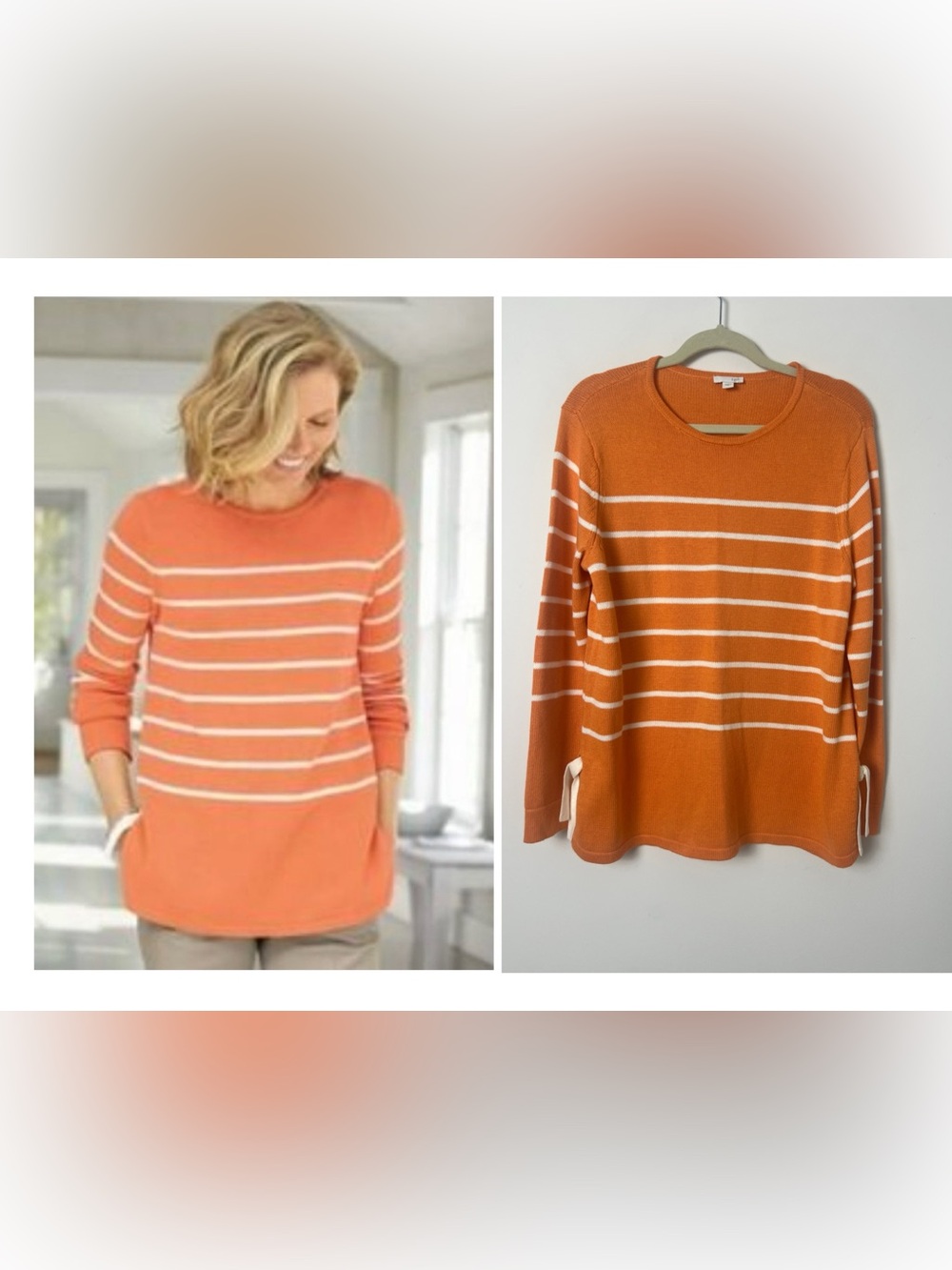 J.Jill Medium Clementine & White Striped Tie Detail Crewneck Sweater Nautical
